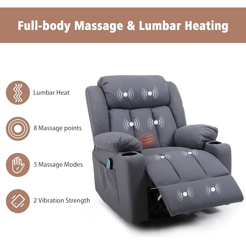 Swivel Recliner Chair with Massage and Heat, Fabric Upholstery, Lime Gray Y550941