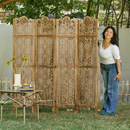 Wood Carved Room Divider 4 Panel Folding Partition Screen X503933