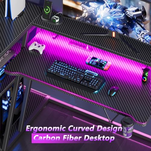 L Shaped Gaming Desk with Power Outlet and LED Lights Y52619