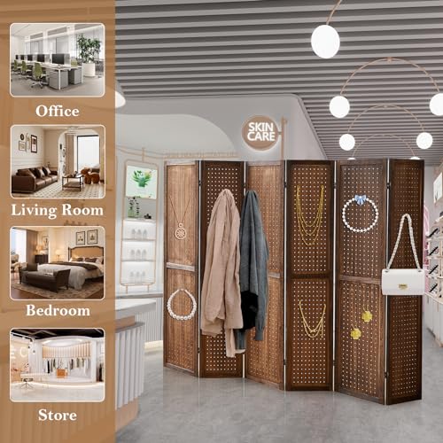 Wooden Pegboard Room Divider with Folding Privacy Screen, 5.6Ft, Light Brown D937870
