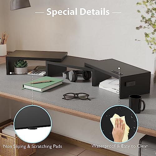 Dual Monitor Stand Riser with Smartphone Holder, Adjustable Wooden Desk Organizer B984