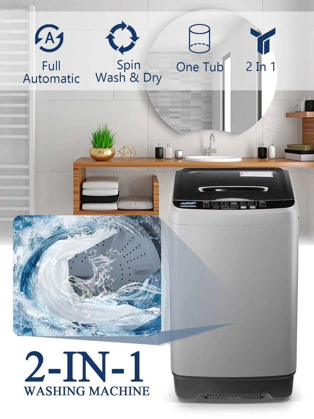 Portable Automatic Washing Machine with Drain Pipe, 17.7 lbs, 10 Programs, Grey F3499