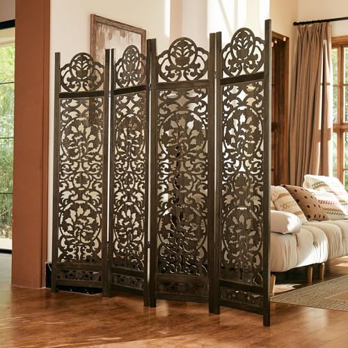 Wood Carved Room Divider 4 Panel Folding Partition Screen X503933