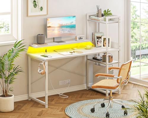Reversible Gaming Desk with USB Charging Port and LED Lights, 40 Inch Computer Desk with Storage Shelves M571