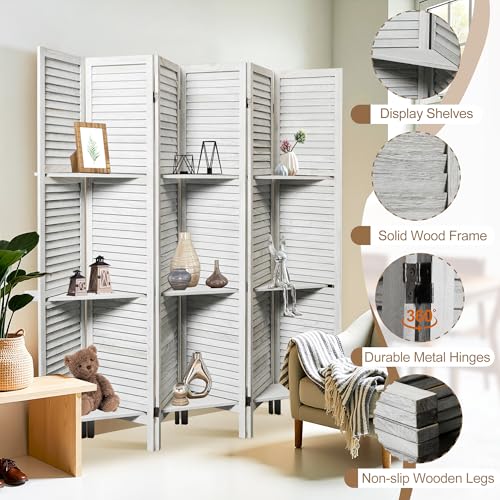 6 Panel Wooden Room Divider with Shelves P850285