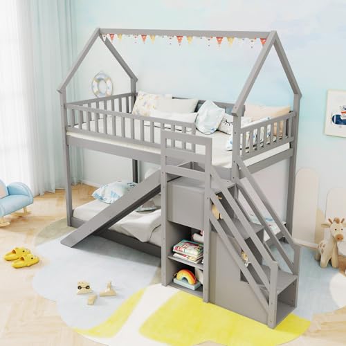 Twin Over Twin Bunk Bed with Slide & Stairs, Wood, White M692