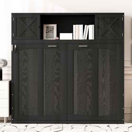 Queen Size Murphy Bed with Cabinet and LED Lights M1232