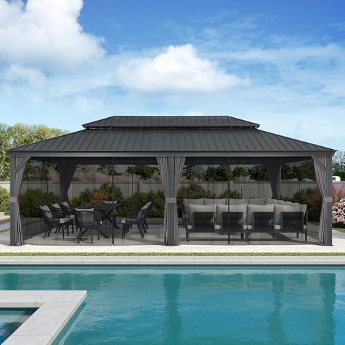 10' x 14' Permanent Hardtop Gazebo with Galvanized Steel Double Roof, Curtains and Netting Included M871