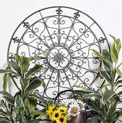 Metal Fleur De Lis Wall Decor Circle Sculpture with Scrollwork, Black W704356