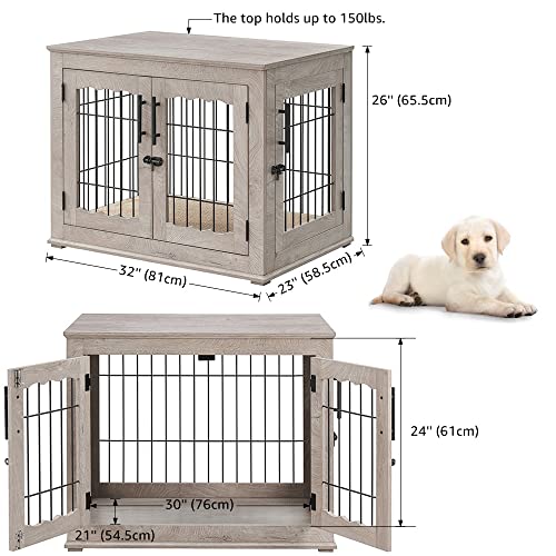 Wooden Dog Crate End Table with Double Doors and Pet Bed E595686