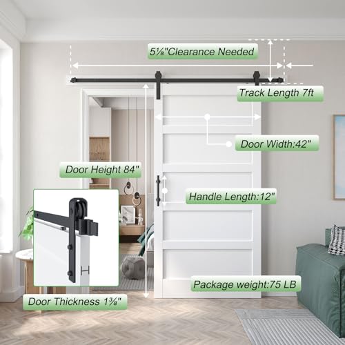 Double 21x84in White Barn Door with 7FT Sliding Hardware Kit, MDF, PVC Surface, DIY Assembly R60322