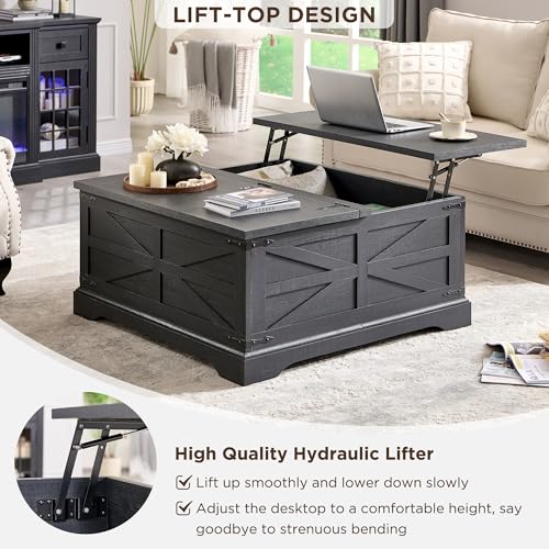 Farmhouse Lift Top Coffee Table with Storage, 36" Wood Square Center Table, Light Brown V399