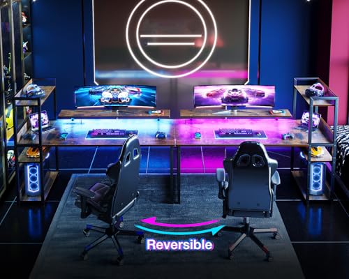 Reversible Gaming Desk with USB Charging Port and LED Lights, 40 Inch Computer Desk with Storage Shelves M571