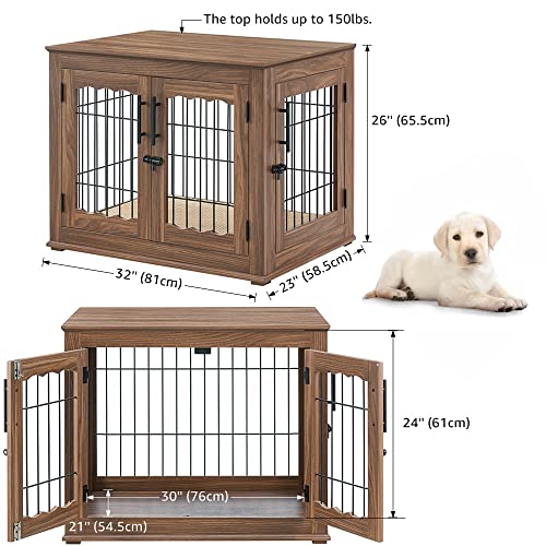 Wooden Dog Crate End Table with Double Doors and Pet Bed E595686