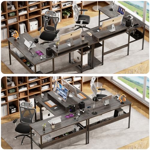 Reversible L Shaped Desk with Power Outlets and LED Light, Corner Computer Desk with Monitor Stand and Storage Shelves, Black A318171