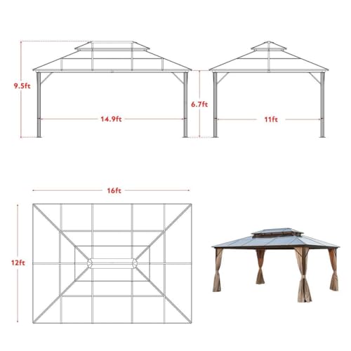 10x13 Hardtop Gazebo with Polycarbonate Double Roof, Aluminum Frame, Curtains and Netting S2701