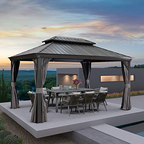 10' x 14' Permanent Hardtop Gazebo with Galvanized Steel Double Roof, Curtains and Netting Included M871