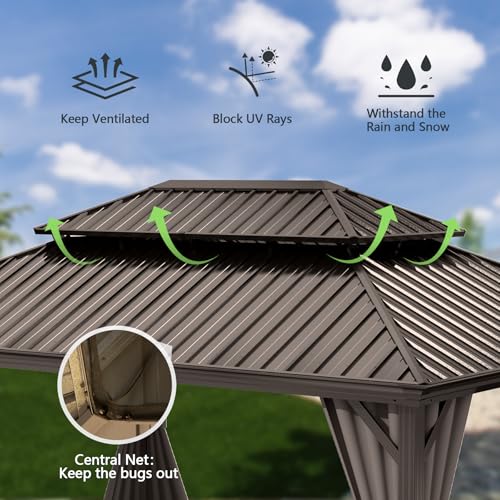 10 x 10 ft Hardtop Gazebo with Netting and Curtains, Galvanized Steel Roof for Patio K80436