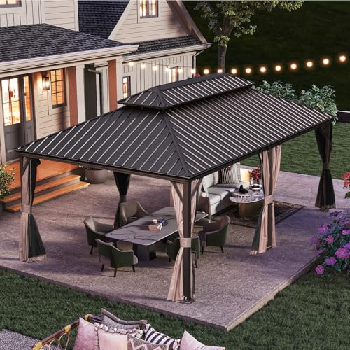 10 x 10 ft Hardtop Gazebo with Netting and Curtains, Galvanized Steel Roof for Patio K80436