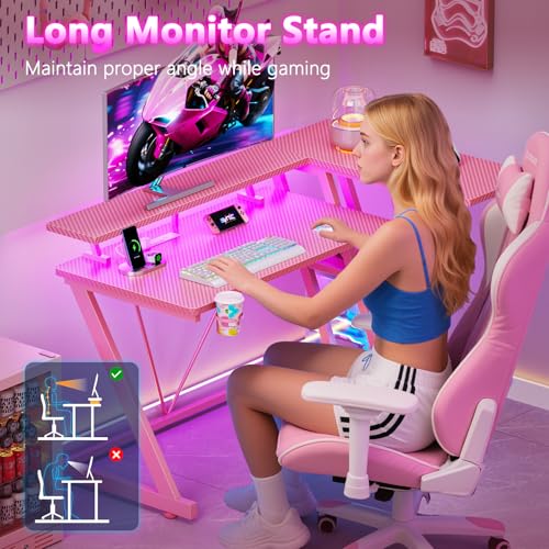 L Shaped Gaming Desk with Power Outlet and LED Lights Y52619