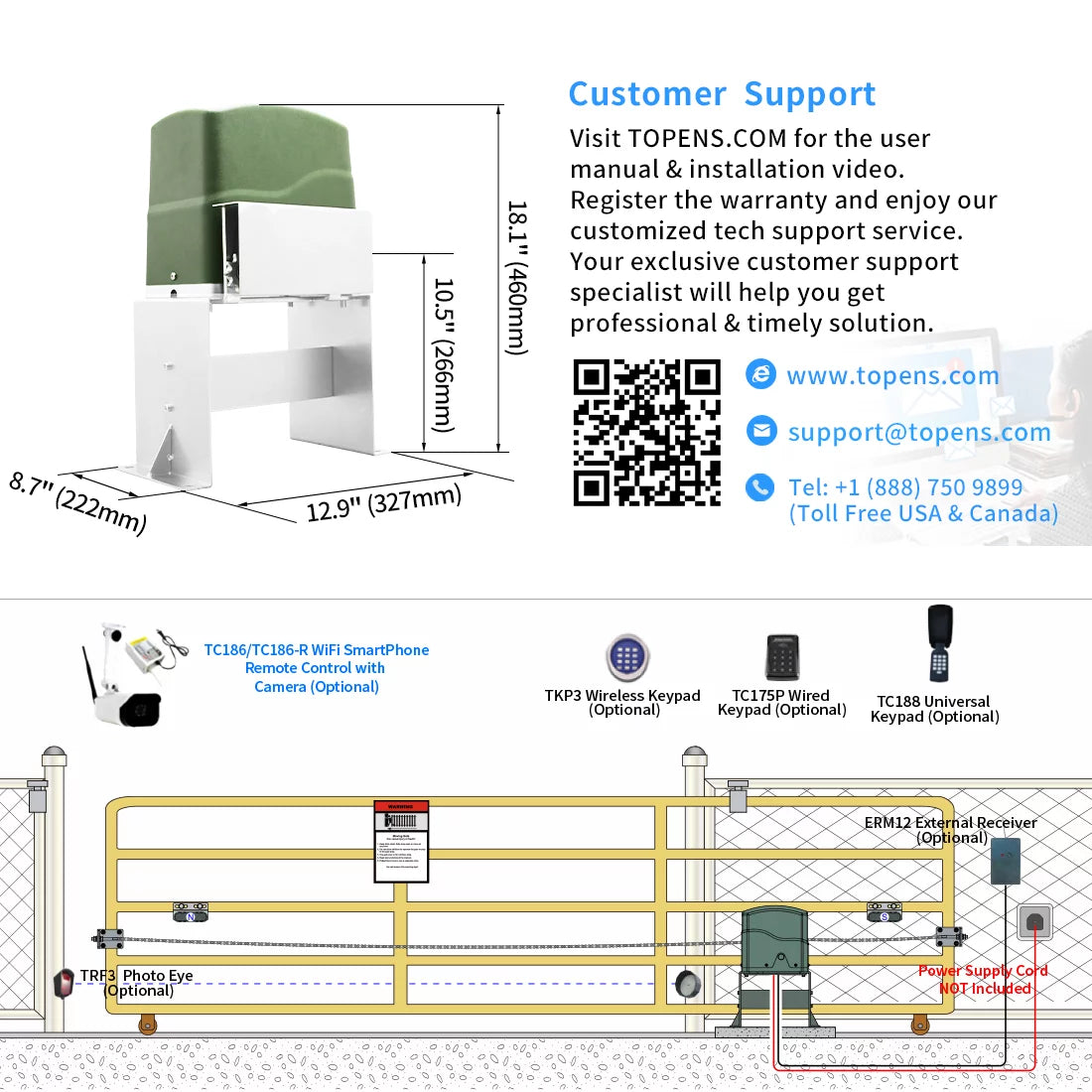 Automatic Sliding Gate Opener Chain Drive for Heavy Driveway Gates up to 1600 lbs, AC Powered with Remote Control M207