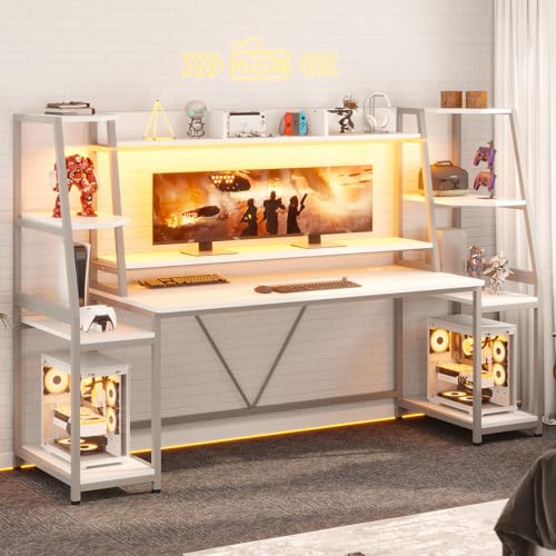 Gaming Desk with LED Lights, Hutch and Storage Shelves, Black O742