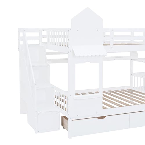 Kids Bunk Bed with Stairs and Slide, Twin Over Twin, Gray O540