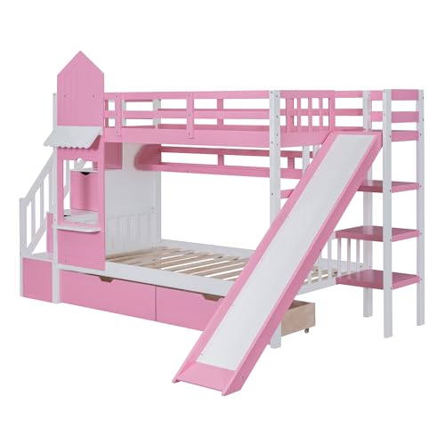 Twin Over Twin Bunk Bed with Stairs and Slide, Solid Wood Frame with Storage B8483