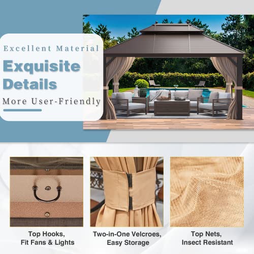 12x16 ft Hardtop Gazebo with Double Roof, Curtains and Netting T94173