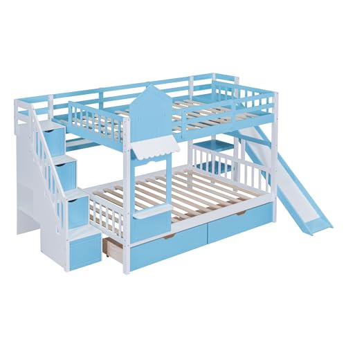 Kids Bunk Bed with Stairs and Slide, Twin Over Twin, Gray O540