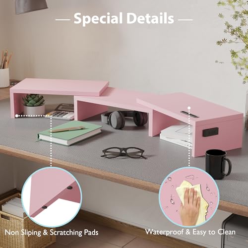 Dual Monitor Stand Riser with Smartphone Holder, Adjustable Wooden Desk Organizer B984
