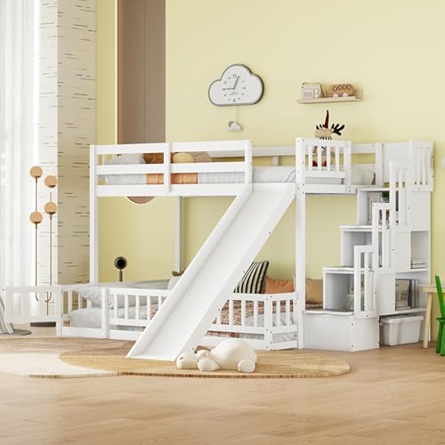 Twin Over Full Bunk Bed with Slide and Storage Staircase X183