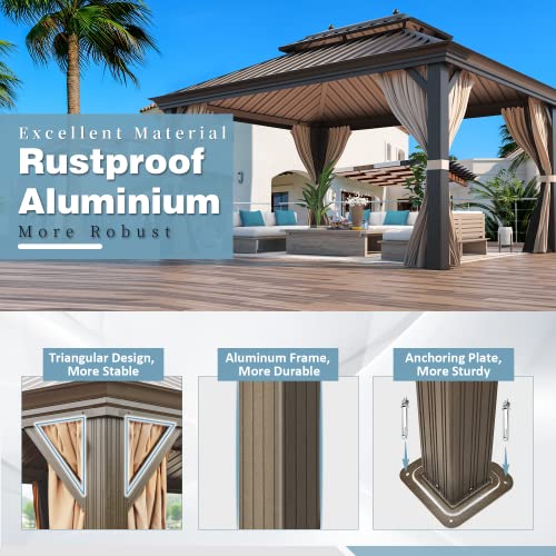 12x16 ft Hardtop Gazebo with Double Roof, Curtains and Netting T94173