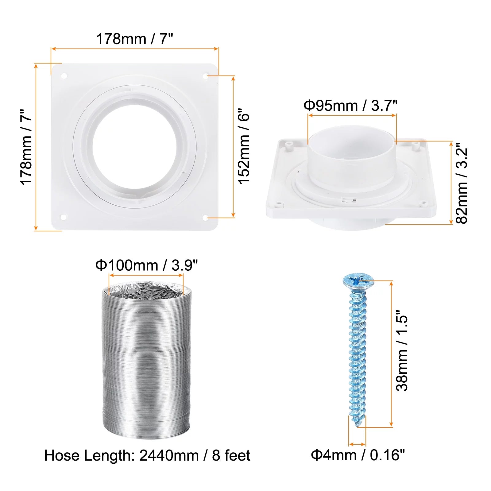 Dryer Vent Wall Plate Adapter with Hose, 4 Inch, White A9614
