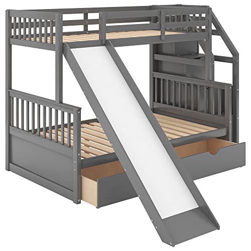 Twin Over Full Bunk Bed with Slide and Stairs for Kids I642