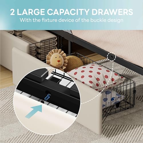 Twin Bed Frame with 2 Storage Drawers, Charging Station and LED Lights, Upholstered Platform Bed with Storage Headboard, No Box Spring Needed M8748