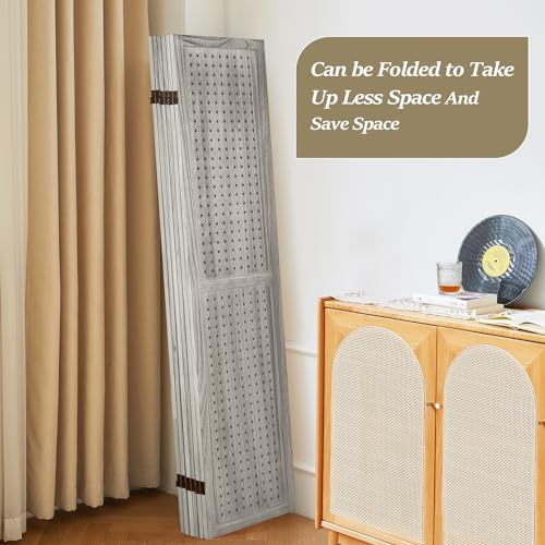 Wooden Pegboard Room Divider with Folding Privacy Screen, 5.6Ft, Light Brown D937870