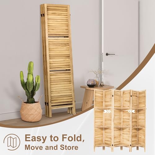 6 Panel Wooden Room Divider with Shelves P850285