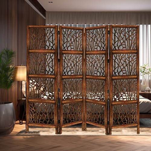 4 Panel Folding Wood Room Divider, Antique Brown, 72 x 80 P209