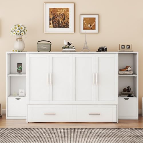 Murphy Bed Chest with Shelves and USB Ports, Foldable Wood Frame Y56482