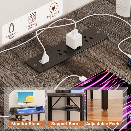 Reversible L Shaped Desk with Power Outlets and LED Light, Corner Computer Desk with Monitor Stand and Storage Shelves, Black A318171