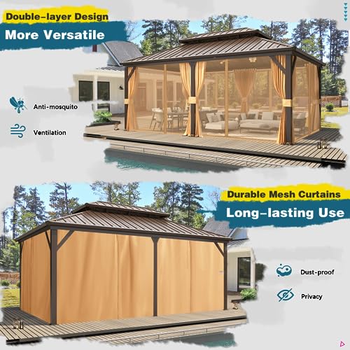 10x13 Hardtop Gazebo with Polycarbonate Double Roof, Aluminum Frame, Curtains and Netting S2701