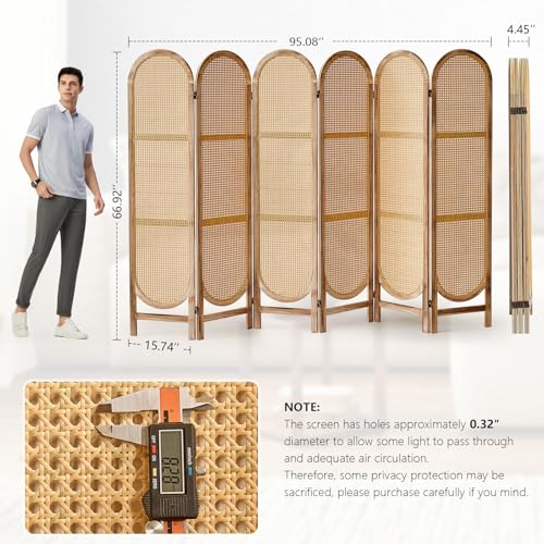 Foldable Wooden Room Divider, Hand-Woven Rattan Privacy Screen Q240970