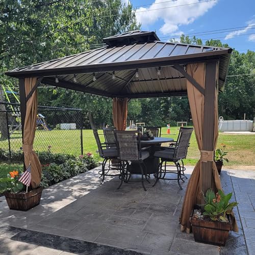 10 x 10 ft Hardtop Gazebo with Netting and Curtains, Galvanized Steel Roof for Patio K80436