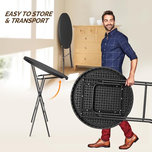 Folding Round Table Bar Height, HDPE with Gray Metal Finish, Black M940225