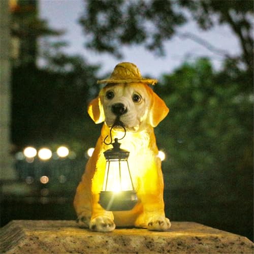 Resin Dog Statue with Straw Hat and Solar Lantern for Garden Yard Decor M4436