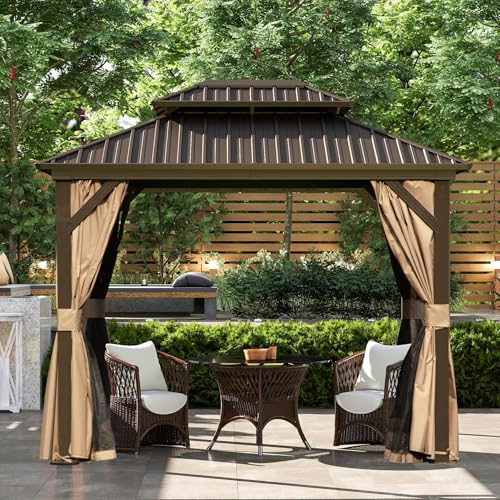 10 x 10 ft Hardtop Gazebo with Netting and Curtains, Galvanized Steel Roof for Patio K80436