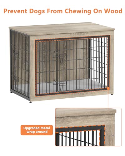 Dog Crate Furniture with Cushion, Heavy-Duty Metal Mesh, Wooden End Table with Double Doors, Indoor Kennel for Small Breed, Grey M3321