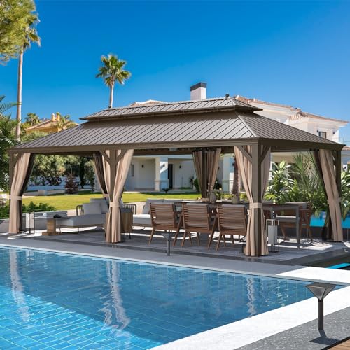 12x16 ft Hardtop Gazebo with Double Roof, Curtains and Netting T94173