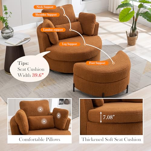 Oversized Swivel Barrel Chair with Ottoman, Chenille, Beige M813